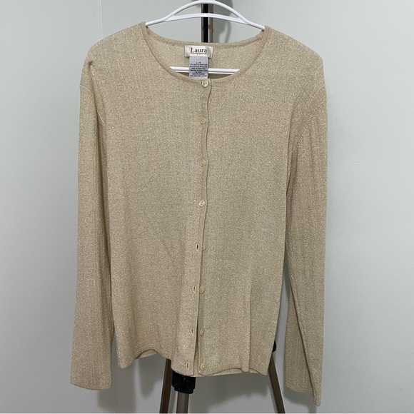 Vintage Laura Cream and Gold Thread Button up Cardigan | Sz Large - Picture 1 of 7